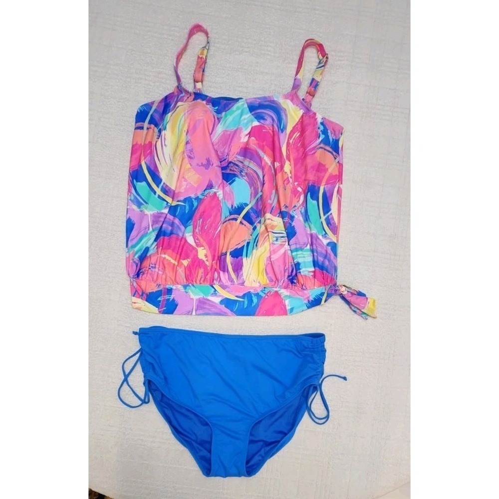 Beach House Swim Plus Size 18W Floral Tiered Tankini Top Blue Multicolor